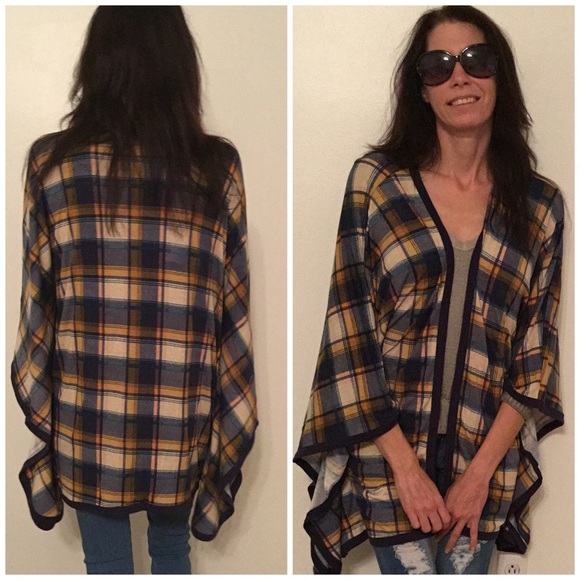 Navy and Mustard Plaid Cardigan - Picture 2 of 3